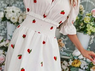 Off-Shoulder Cherry Embroidery Shirred A-line Dress