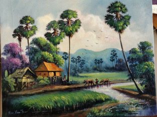 Cambodia Scenery Khmer Living Style in Countryside Oil Painting Signed 15.7×19.6