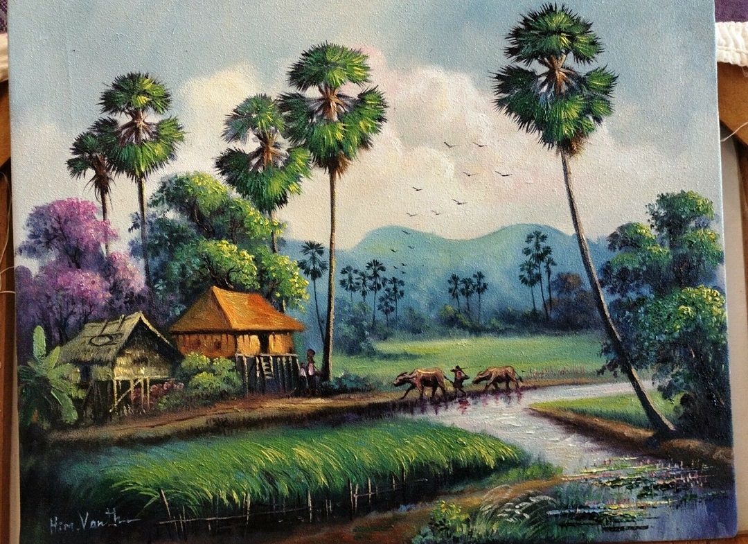 Cambodia Scenery Khmer Living Style in Countryside Oil Painting Signed 15.7×19.6