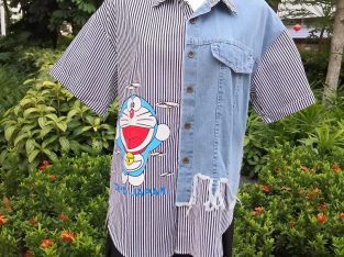 Women Drop Shoulder Striped Doraemon Print Button